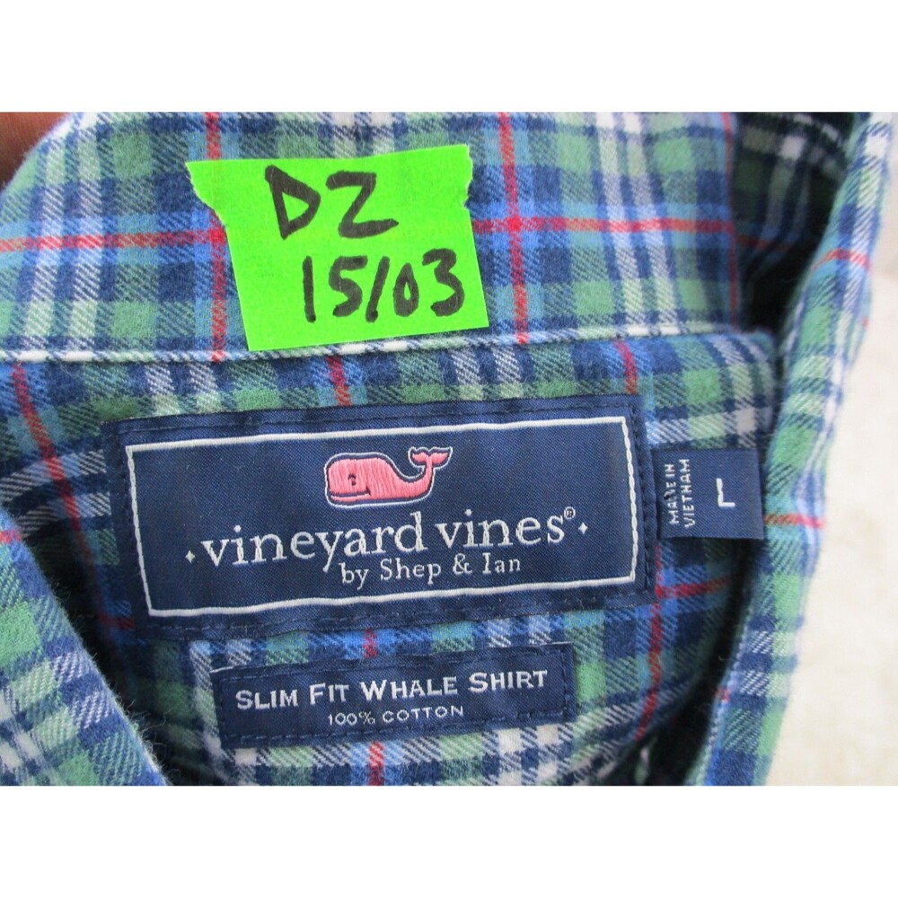 Vineyard Vines Shirt Men Large Slim Green Blue Whale Flannel Cotton Button Up - Picture 9 of 9